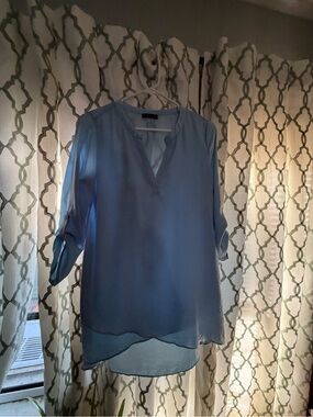 Light Blue Women's V-Neck Roll-Sleeve Blouse